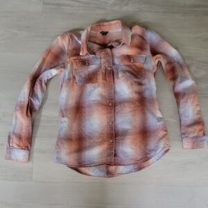 Eddie Bauer Women's Button Down Plaid Shirt - Orange and White